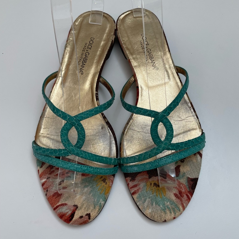 Dolce & Gabbana Turquoise Snake-Embossed Leather & Floral Canvas Flats Size 7.5 - Picture 3 of 9